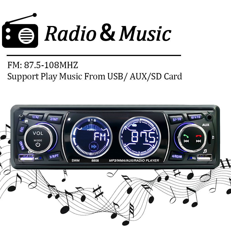 SINOVCLE Car Radio Audio 1din Bluetooth Stereo MP3 Player FM Receiver 60Wx4 Support Phone Charging AUX/USB/TF Card In Dash Kit