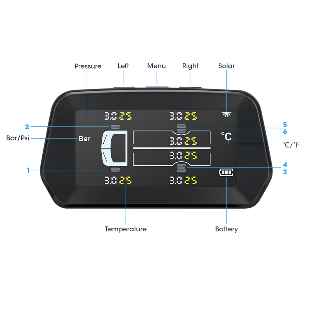 Solar Truck Bus RV TPMS LCD Color Display Tire Tyre Pressure Monitoring System with 6 External Sensors RV Accessories